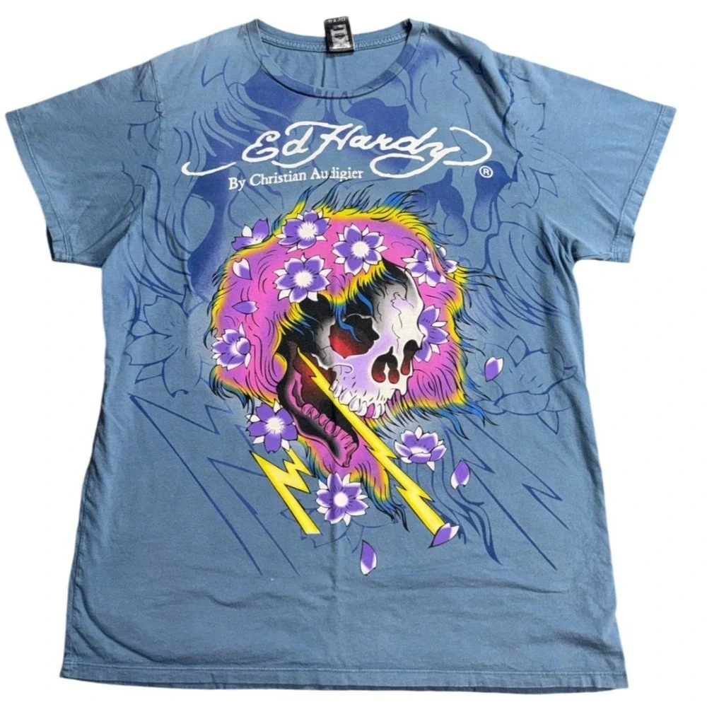 Ed Hardy Christian Audigier Y2K Skull Graphic T-Shirt USA Made Mens XL - Picture 1 of 7
